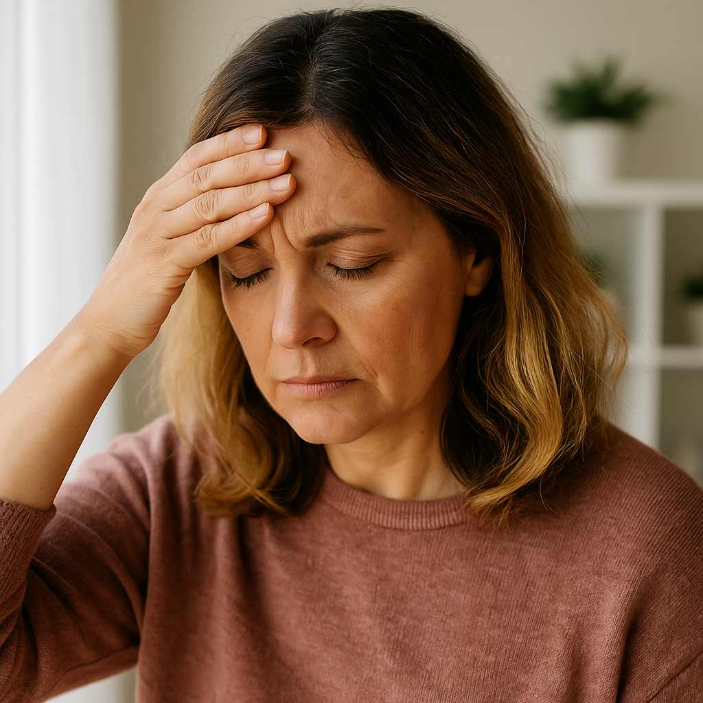 Patient holding her head due to perimenopausal symptoms in San Diego.