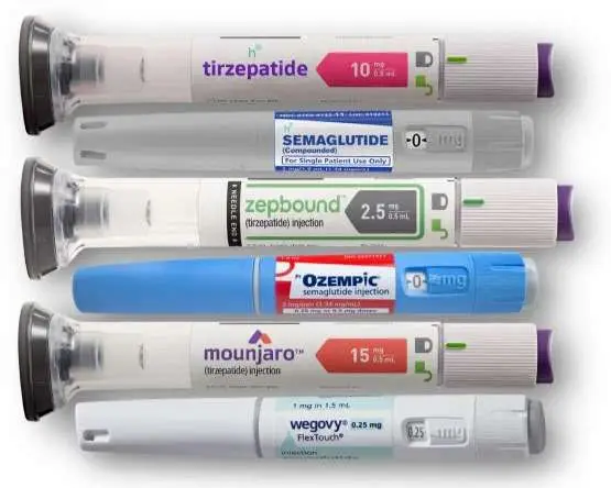 Side-by-side comparison graphic of GLP-1 medications semaglutide tirzepatide and retatrutide with Allurant Medical San Diego branding