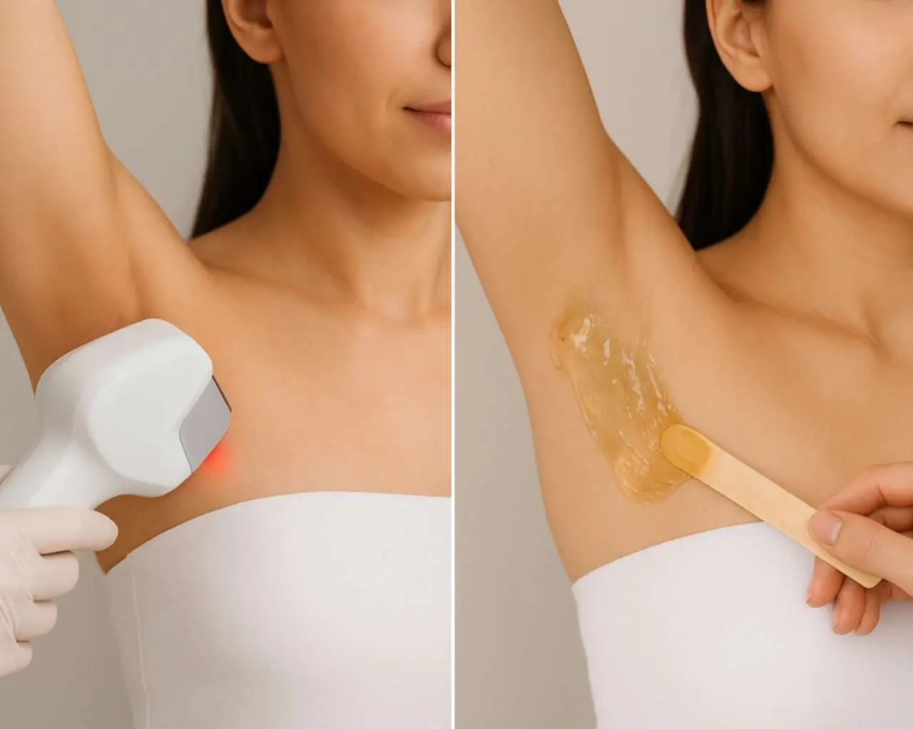 Side by side comparison graphic of laser hair removal vs waxing results