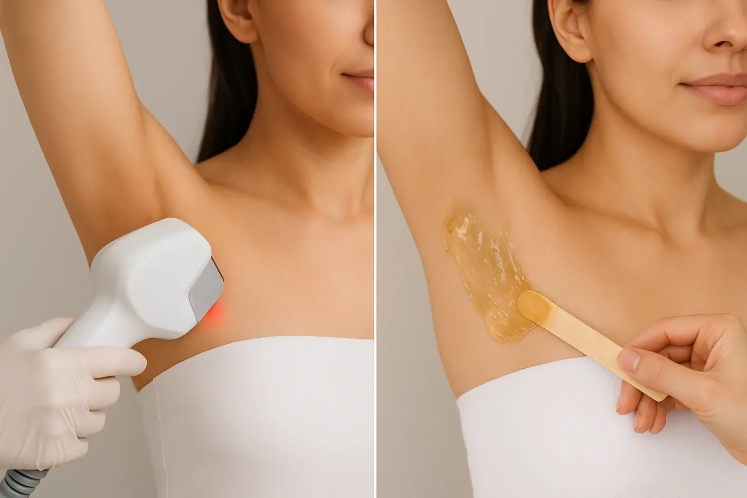 Smiling woman receiving a laser hair removal treatment compared to traditional waxing for smooth skin