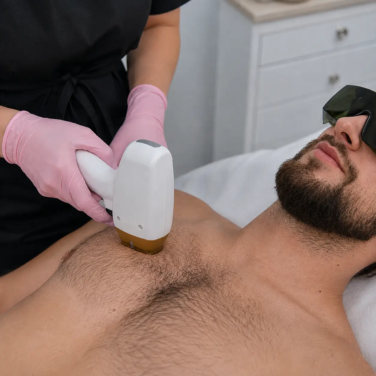 Men’s chest laser hair removal treatment using customized laser settings to target unwanted body hair at Allurant Medical Spa