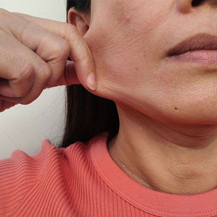 Woman demonstrating loose skin along the lower face where tissue descent and skin laxity can contribute to jowls