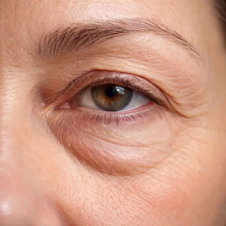 Close-up of age-related eye bags showing lower eyelid fullness, loose skin, and changes in the under-eye area